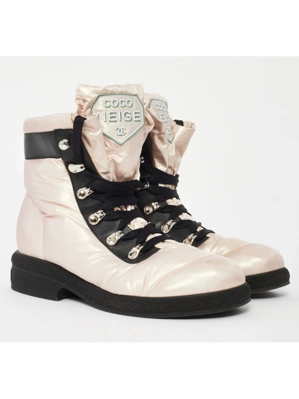 Chanel 18B Coco Neige Pink Black CC Logo Snow Winter Lace Up Tie Combat Boots 42